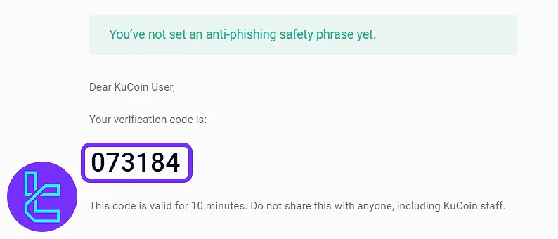 KuCoin email with 6-digit confirmation code