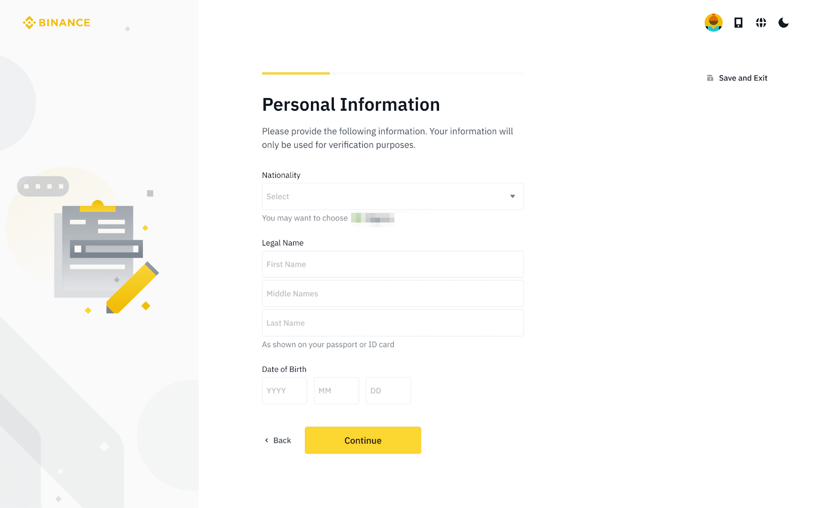 Binance personal info form