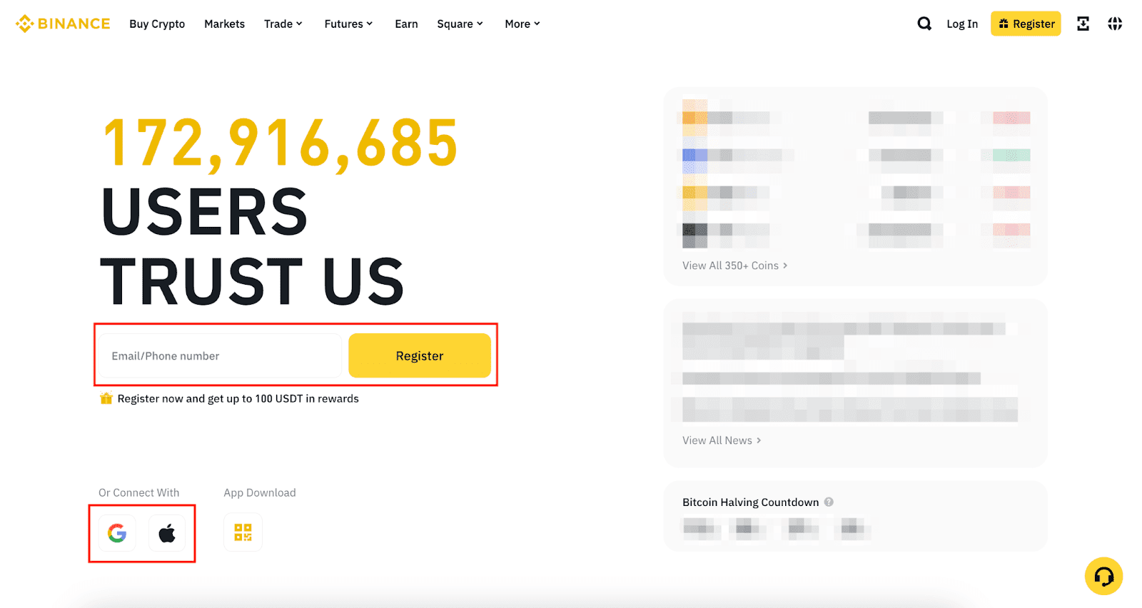 Binance homepage registration